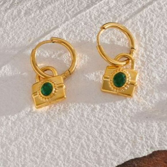 Emerald Green Cubic Zirconia 18K Gold Plated Lock Dangle Earrings NEW - Picture 2 of 11